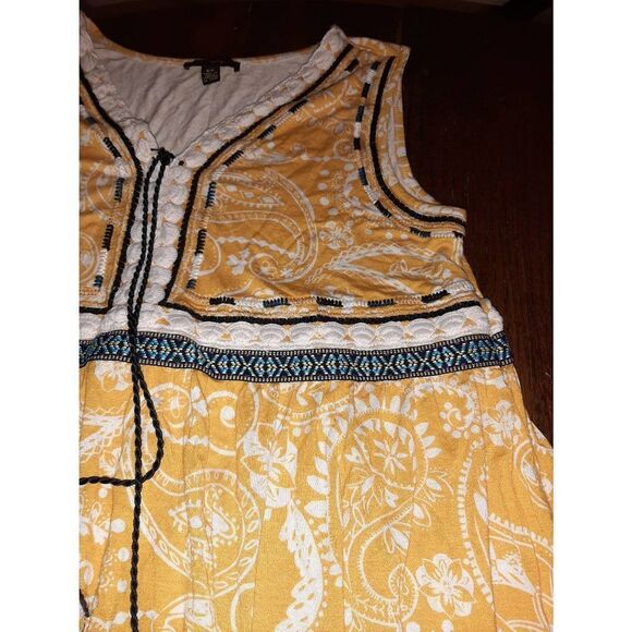 Small Cupio Mustard Yellow White Floral Paisley Boho Style Sleeveless Dress - Picture 3 of 4